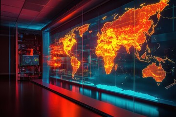 Illuminated global map displaying data trends in a modern tech environment