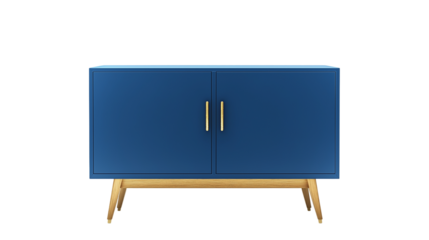 blue sideboard featuring closed cabinets , minimalist design. Ideal for modern living spaces, combining functionality with contemporary style. Isolated on white background , transparent png
