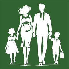 happy family with a baby,A touching family scene with a pregnant woman, her husband, and their child, portrayed in a silhouette style, exuding harmony.