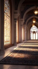 Obraz premium A serene corridor with stained glass windows and intricate arches, illuminated by soft light.