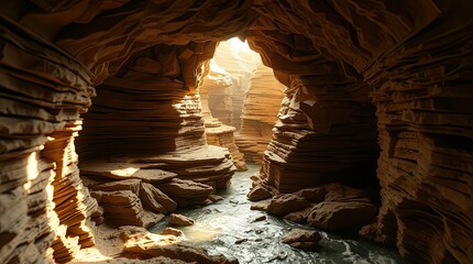 Warm sunlight pours into a stunning canyon illuminating layered rock formations above a gently flowing stream in a serene natural environment