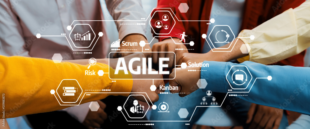 Poster visual representation of teamwork in an agile environment, highlighting important concepts like scru