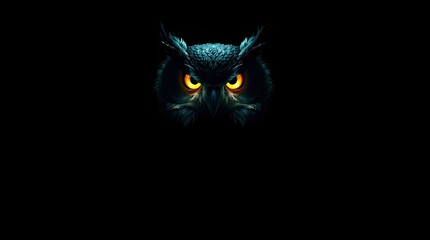 An owl with striking glowing orange eyes gazes intensely from a dark background evoking a sense of mystery and intrigue during nighttime hours