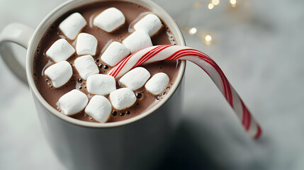 A Festive Mug Of Hot Chocolate With Marshmallows And A Candy Cane On A Marble Countertop With Twinkling Lights