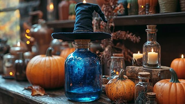 Witch's potion bottle with pumpkins and candles on rustic wooden table.