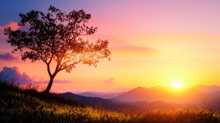 Fototapeta premium Serene Sunset Over Mountain Landscape with Silhouette of Tree