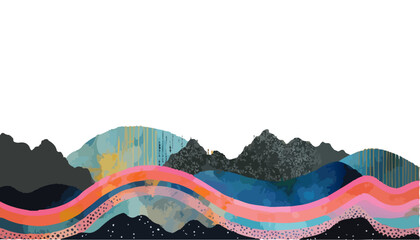 Set, vector illustrations, landscape, scene, retro, vintage,  mountains, grunge, textured, patterns, geometric, modern, made of paper, risograph, messy, backgrounds