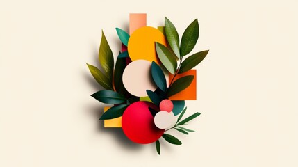 Colorful Abstract Composition with Geometric Shapes and Leaves
