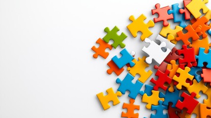 Colorful Puzzle Pieces Scattered on a White Surface Background
