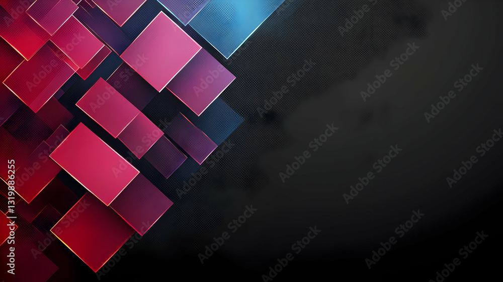 Poster abstract geometric design with overlapping red and blue squares against dark background