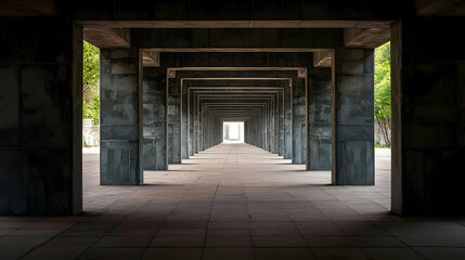 Obraz premium Dimly Lit Covered Walkway With Concrete Pillars And Geometric Lines