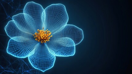 Abstract digital flower, glowing wireframe petals, dark background, futuristic botanical illustration.