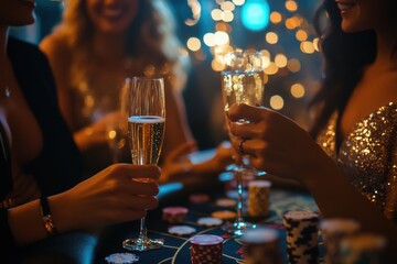 Glamorous casino night party with elegantly dressed guests enjoying high stakes gaming and celebratory atmosphere with luxurious decor