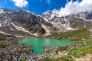 View of Locce Lake at the foot of Monte Rosa, Italy.