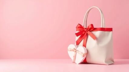 Heart shaped bag and gift boxes with red ribbons on pink background. Concept of gift, love, holiday and care. Birthday, Valentine's Day