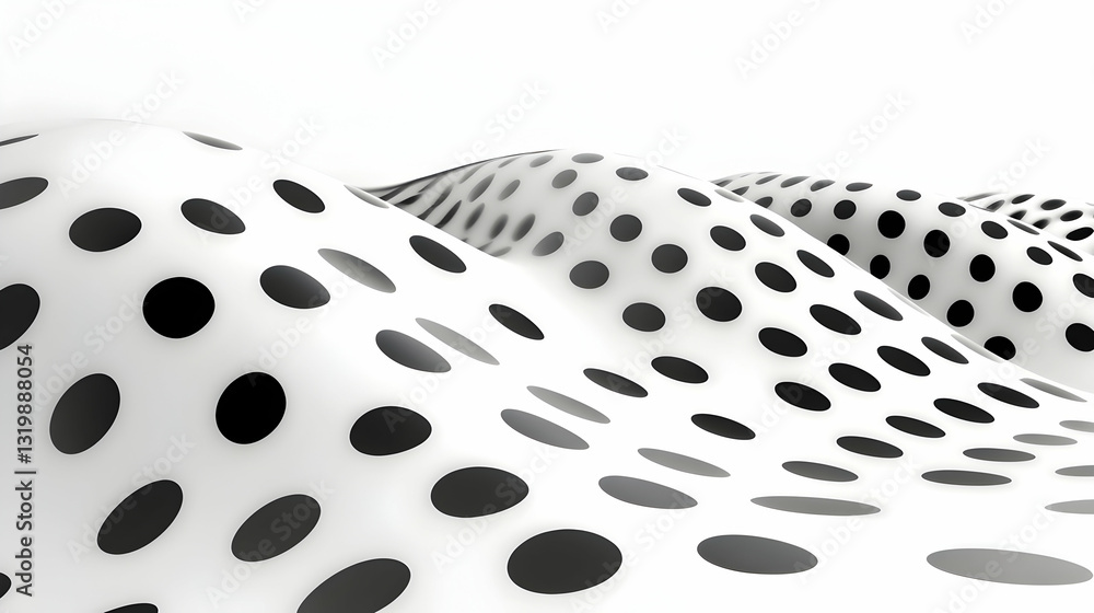 Poster abstract landscape with smooth, undulating forms and contrasting black polka dots against a pristine