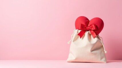 Heart shaped bag and gift boxes with red ribbons on pink background. Concept of gift, love, holiday and care.