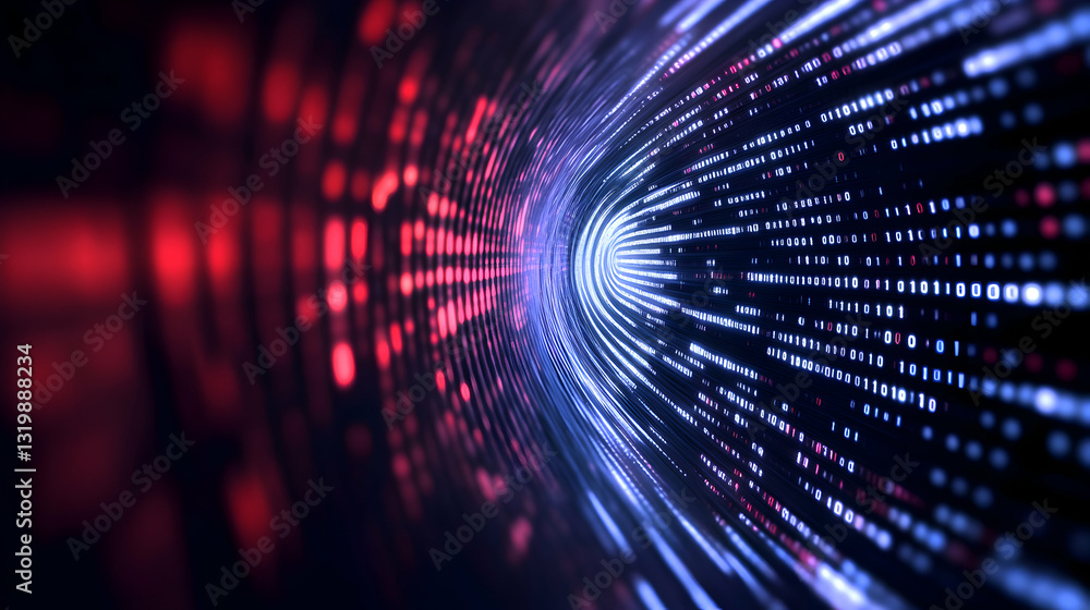 Poster a futuristic digital tunnel that showcases streams of vibrant light patterns in blue and red hues, r