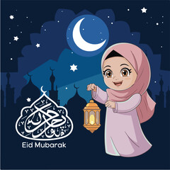 Eid mubarak vector with muslim kids. Happy Eid Mubarak. Muslim Kid Celebrating Eid Mubarak. religious holiday is celebrated by Muslims, Islamic holidays Greeting card. Eid Mubarak Urdu Calligraphy.