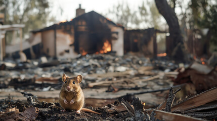 Small rat with wet fur sits on charred debris. Flames burn inside a ruined house. Ash, broken wood, and smoke cover the devastated ground.