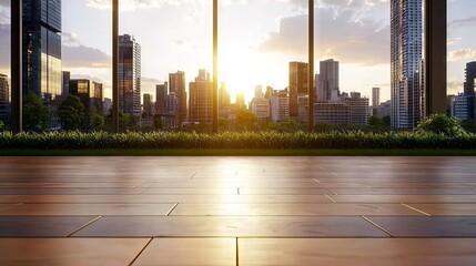 Obraz premium Sunset View from Modern Office Interior with City Skyline Background