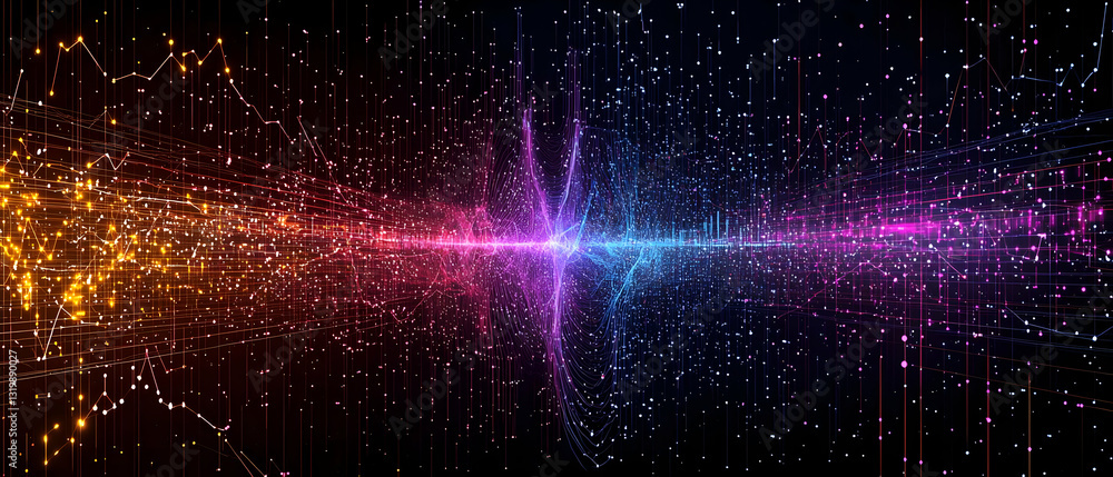 Poster vibrant abstract background with colorful particles and light trails against a dark backdrop