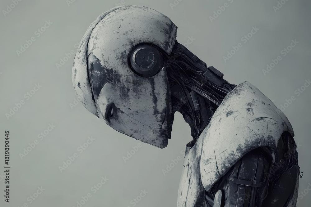 Poster humanoid robot with weathered appearance in a neutral setting during daylight hours