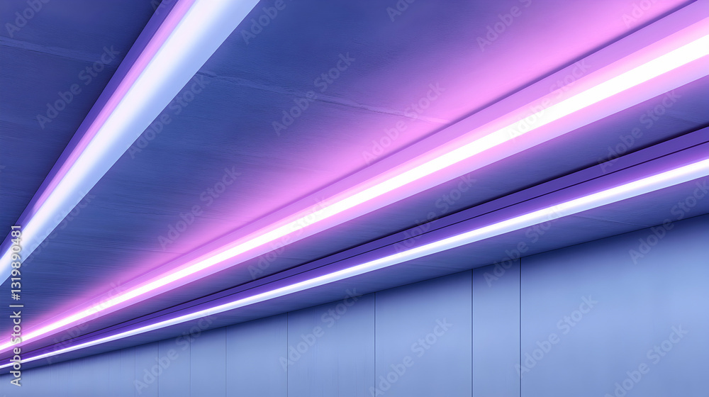 Poster a captivating view of a modern corridor featuring dynamic purple and blue lighting. the sleek design