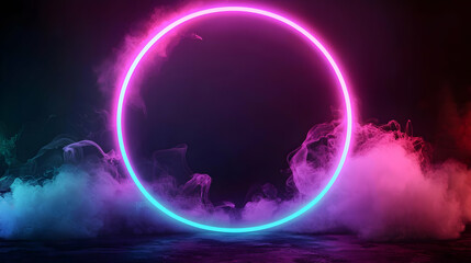 A Glowing Neon Circle Illuminates Colorful Smoke in a Dark Abstract Background with Futuristic Design