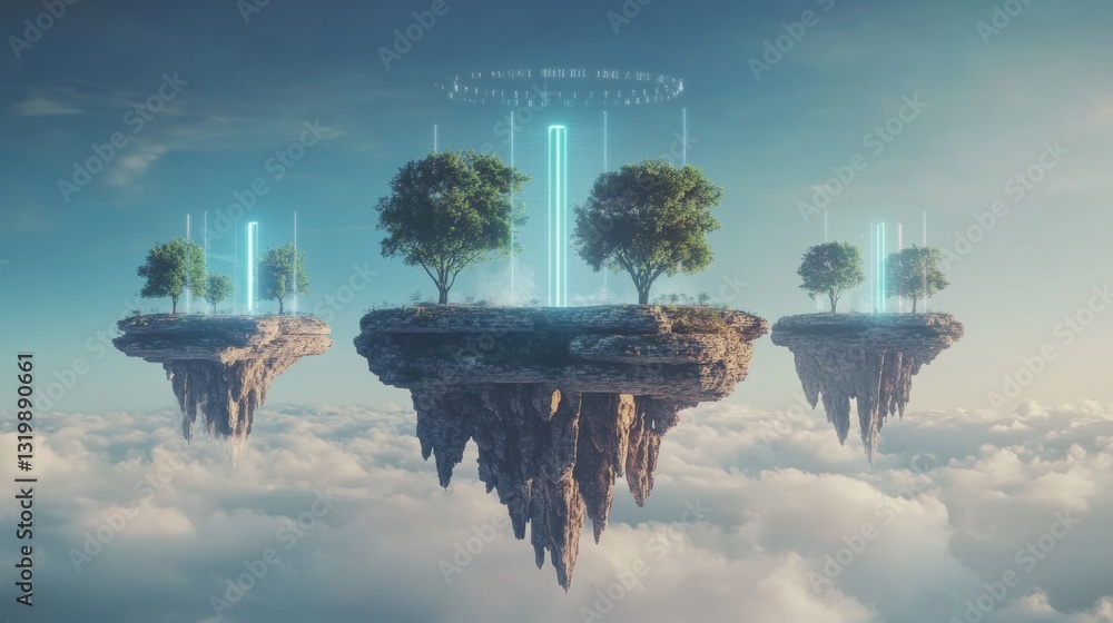 Poster Floating islands connected by portals showcase gateways to diverse virtual worlds in a mesmerizing metaverse landscape