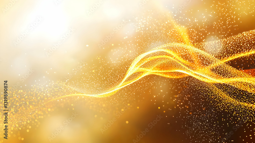 Poster abstract golden light wave with sparkling particles on a dark and light gold gradient background