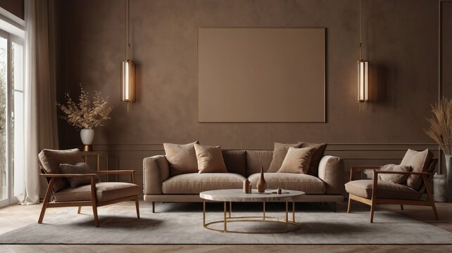 Luxury living room in warm Mocha mousse 2025 color trend. Brown walls, light gray lounge furniture. Empty background microcement for art