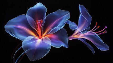 Glowing ethereal lilies, vibrant neon colors, dark background, digital art, abstract floral, elegant design, perfect for wallpapers, websites, and print.