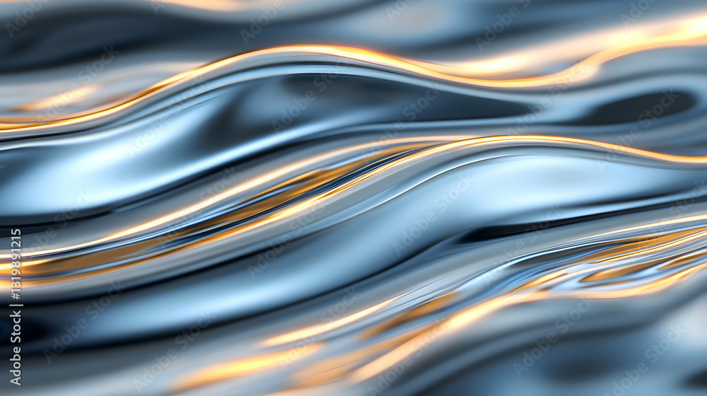 Poster an abstract image showcasing flowing metallic waves with a shiny, reflective surface