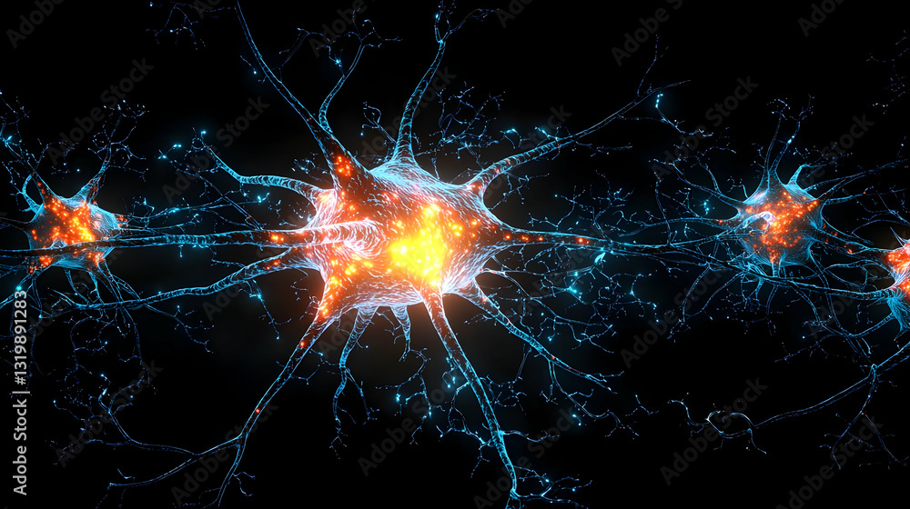 Poster blue and orange glowing neurons with interconnected synapses firing signals on a dark background in 