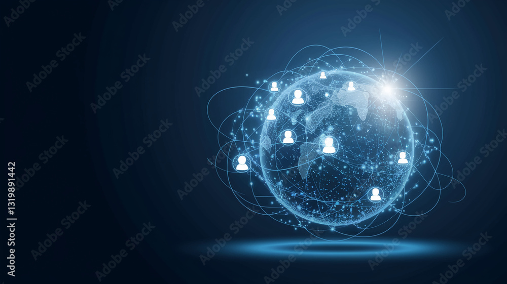 Poster global network visualization, blue glowing earth with interconnected user icons, symbolizing global 