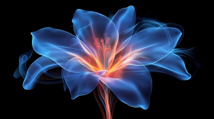 Ethereal blue and orange flower, abstract art, digital illustration, glowing petals, dark background,  energy, vibrant, mystical.