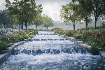 Tranquil water stream flowing through lush park with greenery and distant skyline