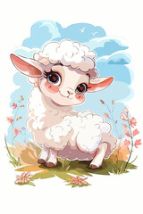 Obraz premium Friendly Lamb Standing in Flowers Against Light Blue Sky