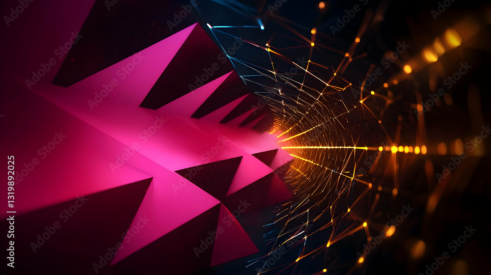 Poster 3d abstract pink triangles tunnel with glowing golden particles in a dark background with futuristic