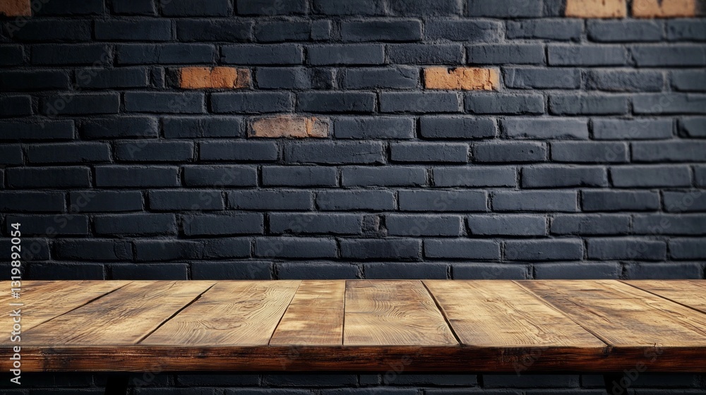 Poster a beautifully crafted empty brown wooden table sits against a rustic dark brick wall, inviting creat