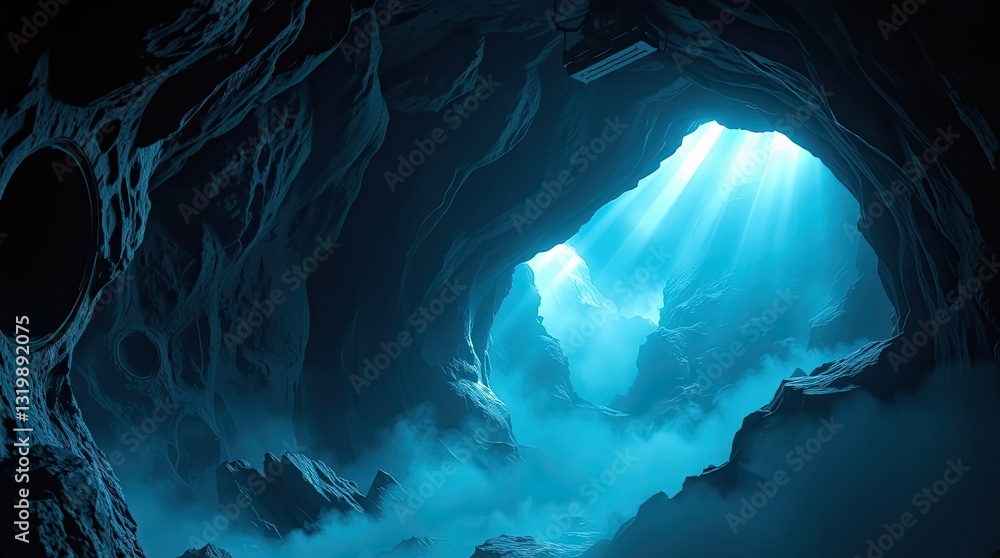Poster sunlight filters through the entrance of a mystical cave creating a serene ambiance with shadowy roc