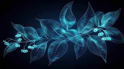 Glowing teal branch with intricate leaves and berries, digital art, dark background.  Perfect for science, technology, or nature themes.