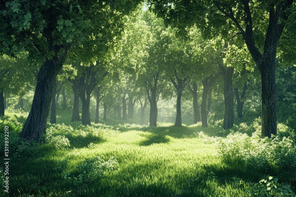 Aufkleber lush green forest with sunlight filtering through tall trees in a serene setting