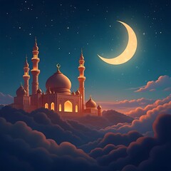 Illustration of a Ramadan Mubarak greeting card of a mosque at night