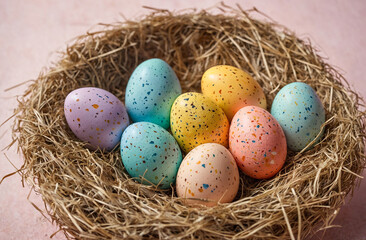Fototapeta premium Colorful speckled Easter eggs arranged in a soft nest of hay on a pastel background