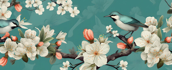 Two birds surrounded with flowers