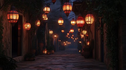 Fototapeta premium A serene nighttime alley adorned with glowing lanterns and lush greenery.