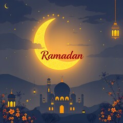 Illustration of a Ramadan Mubarak greeting card of a mosque at night
