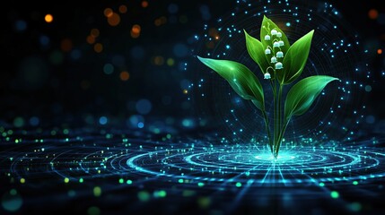 Stunning digital art of a lily of the valley plant emerging from a glowing, futuristic network.  Perfect for technology, nature, or science themes.